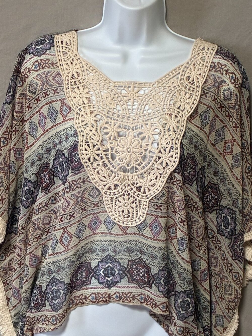 California Gypsy Boho Oversized Blouse Top Medium Cottagecore Lace Crochet Sheer